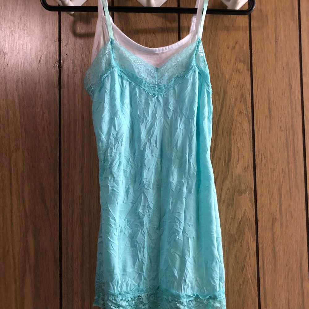 Spaghetti straps, aqua and lace tank top